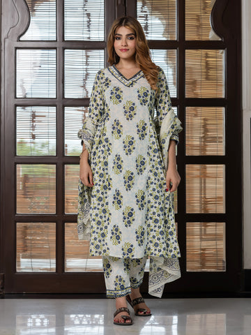 Jaitpuriya Women Blue And Cream Pure Cotton A-Line Kurta Bottom Dupatta set