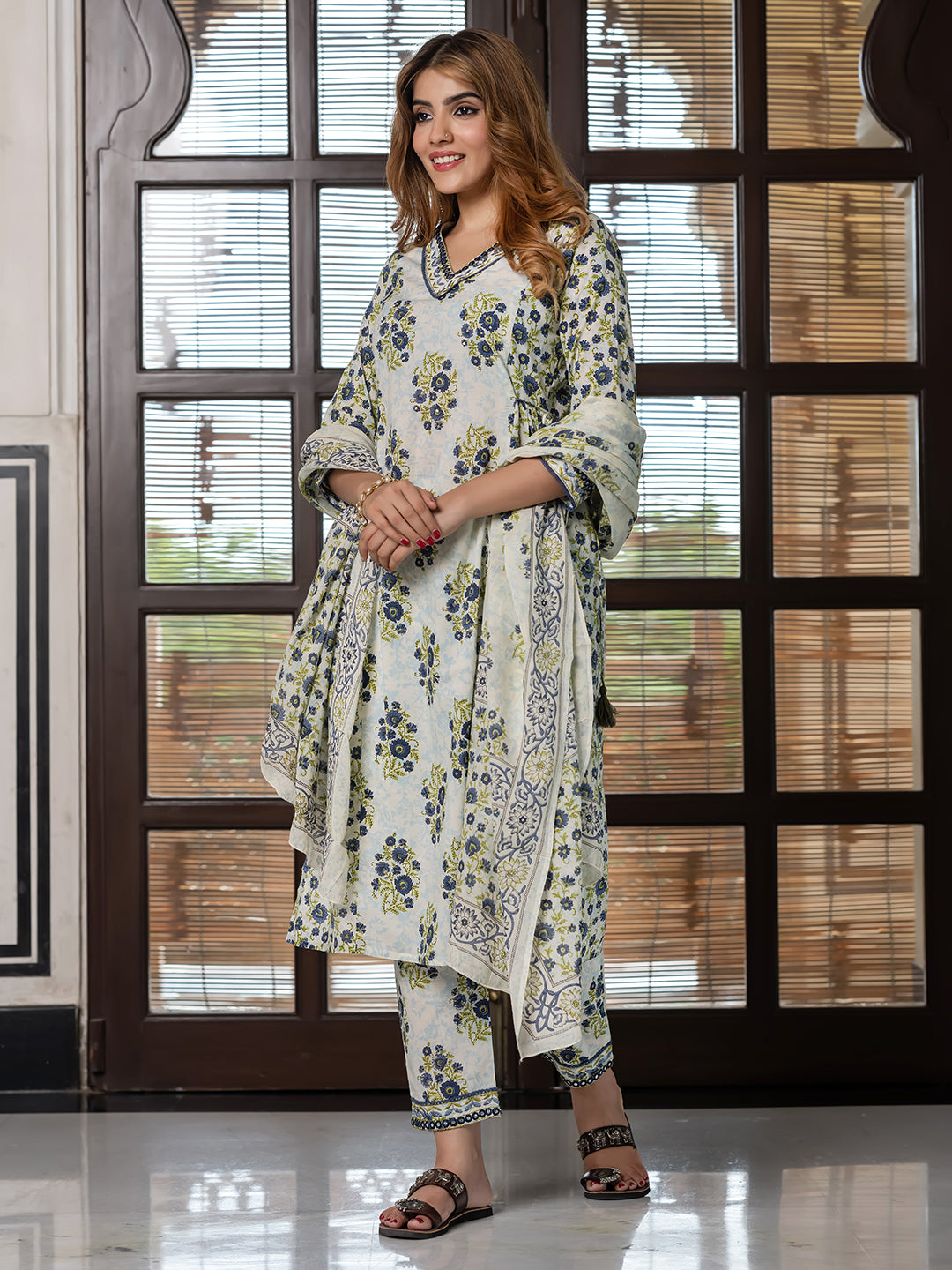 Jaitpuriya Women Blue And Cream Pure Cotton A-Line Kurta Bottom Dupatta set