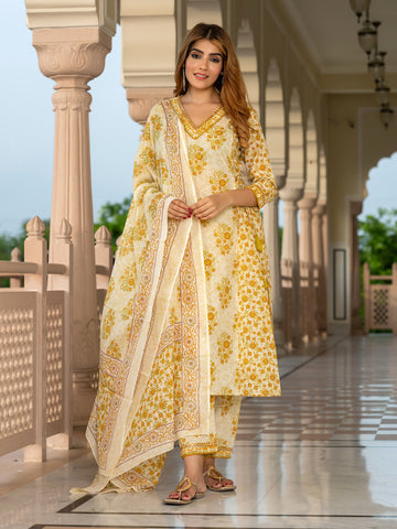 Jaitpuriya Women Yellow And Cream Pure Cotton A-Line Kurta Bottom Dupatta set
