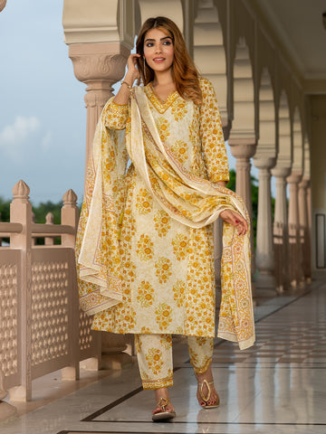 Jaitpuriya Women Yellow And Cream Pure Cotton A-Line Kurta Bottom Dupatta set