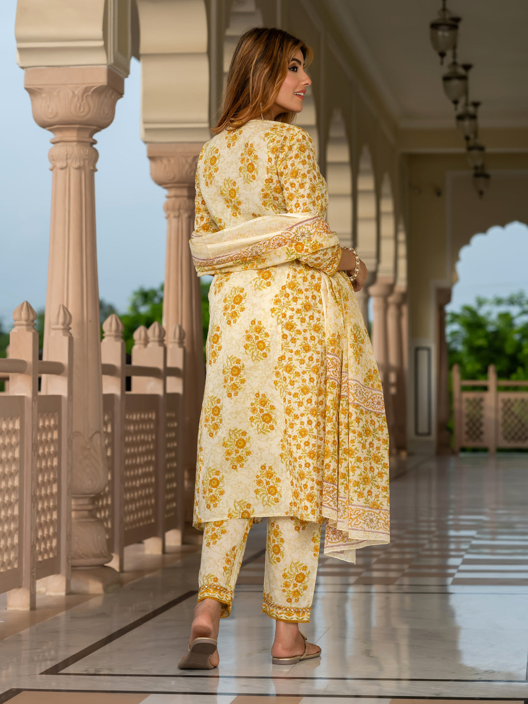 Jaitpuriya Women Yellow And Cream Pure Cotton A-Line Kurta Bottom Dupatta set