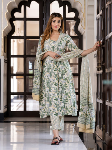 Jaitpuriya Women Yellow And Green Pure Cotton A-Line Kurta Bottom Dupatta set