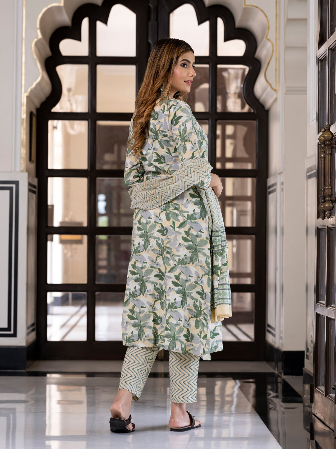 Jaitpuriya Women Yellow And Green Pure Cotton A-Line Kurta Bottom Dupatta set