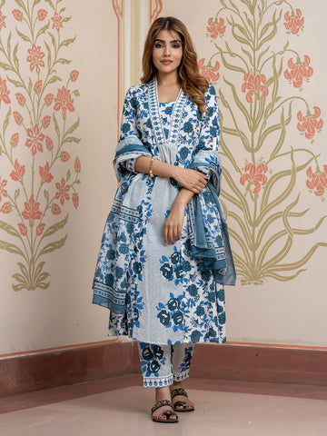 Jaitpuriya Women Blue Pure Cotton A-Line Kurta Bottom Dupatta set