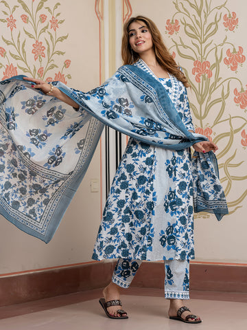 Jaitpuriya Women Blue Pure Cotton A-Line Kurta Bottom Dupatta set