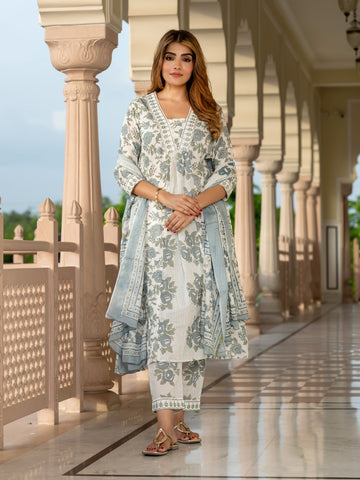 Jaitpuriya Women Grey Pure Cotton A-Line Kurta Bottom Dupatta set