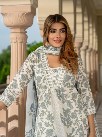 Jaitpuriya Women Grey Pure Cotton A-Line Kurta Bottom Dupatta set
