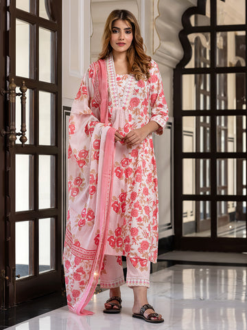 Jaitpuriya Women Pink Pure Cotton A-Line Kurta Bottom Dupatta set
