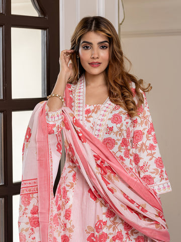 Jaitpuriya Women Pink Pure Cotton A-Line Kurta Bottom Dupatta set
