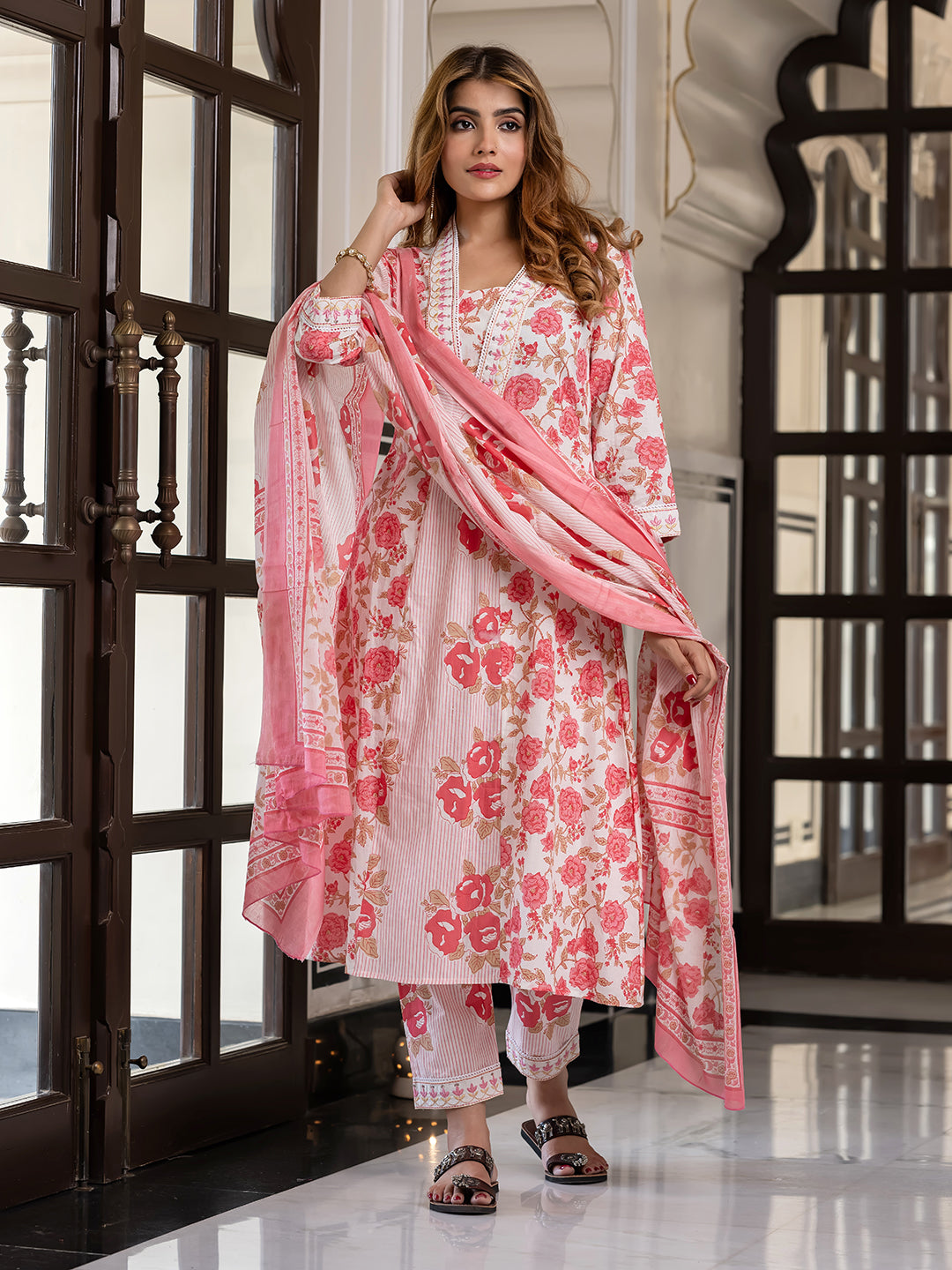 Jaitpuriya Women Pink Pure Cotton A-Line Kurta Bottom Dupatta set