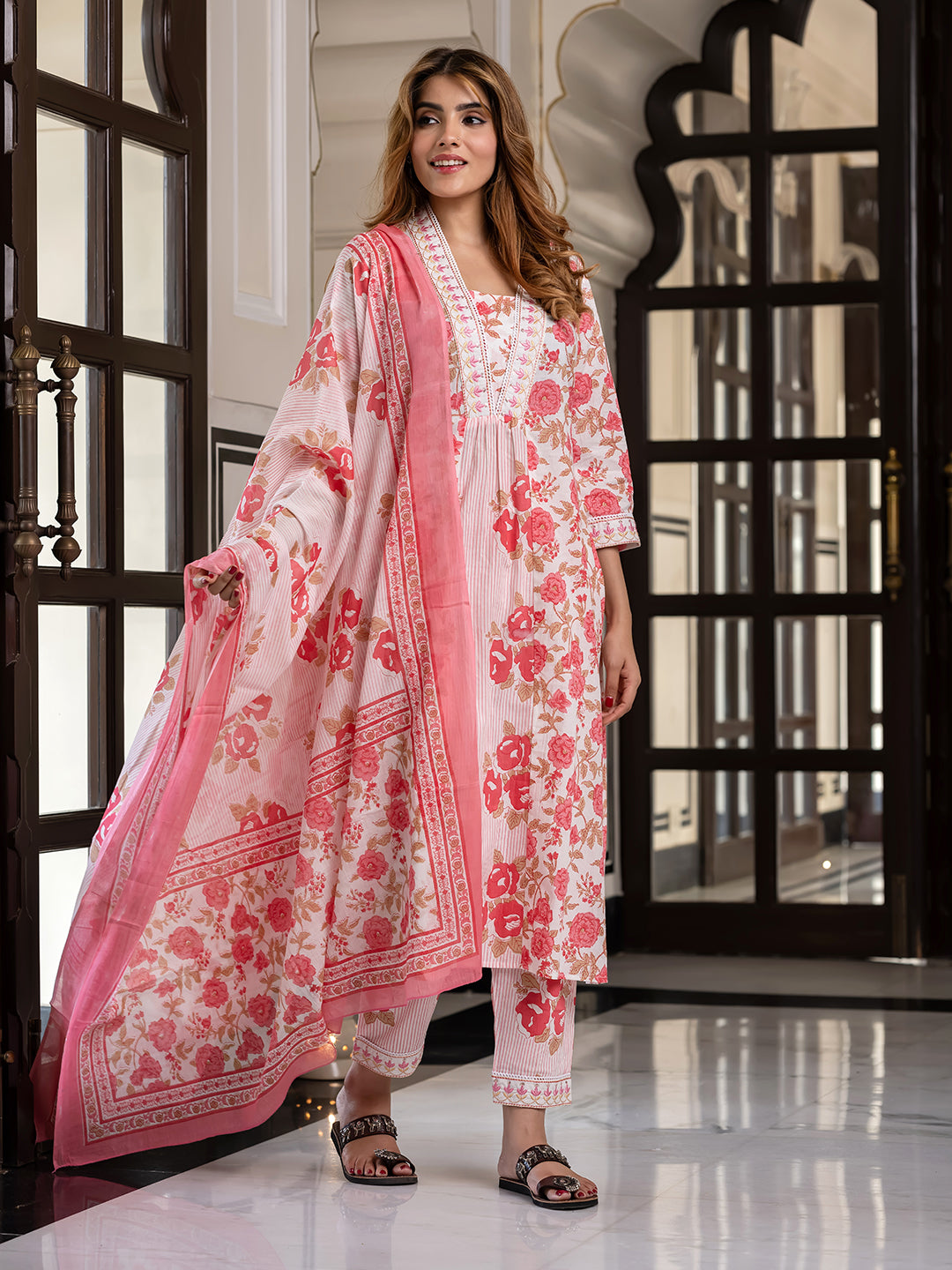 Jaitpuriya Women Pink Pure Cotton A-Line Kurta Bottom Dupatta set