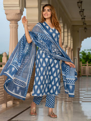 Jaitpuriya Women Blue Pure Cotton Straight Kurta Bottom Dupatta set