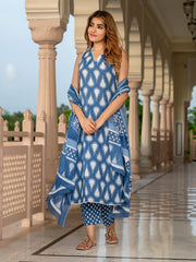 Jaitpuriya Women Blue Pure Cotton Straight Kurta Bottom Dupatta set