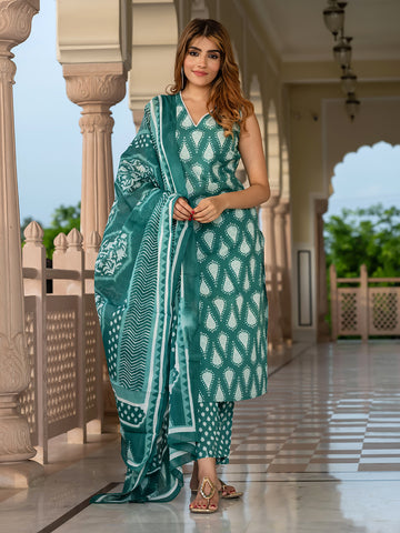 Jaitpuriya Women Teal Green Pure Cotton Straight Kurta Bottom Dupatta set