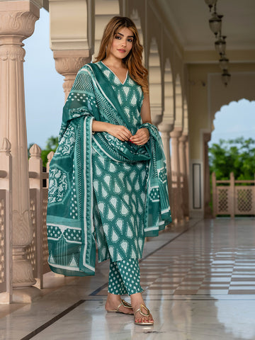 Jaitpuriya Women Teal Green Pure Cotton Straight Kurta Bottom Dupatta set