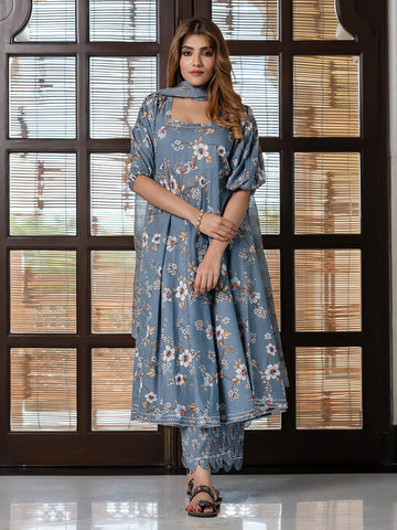 Jaitpuriya Women Grey Pure Cotton Anarkali Kurta Bottom Dupatta set