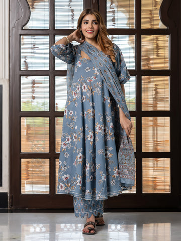 Jaitpuriya Women Grey Pure Cotton Anarkali Kurta Bottom Dupatta set