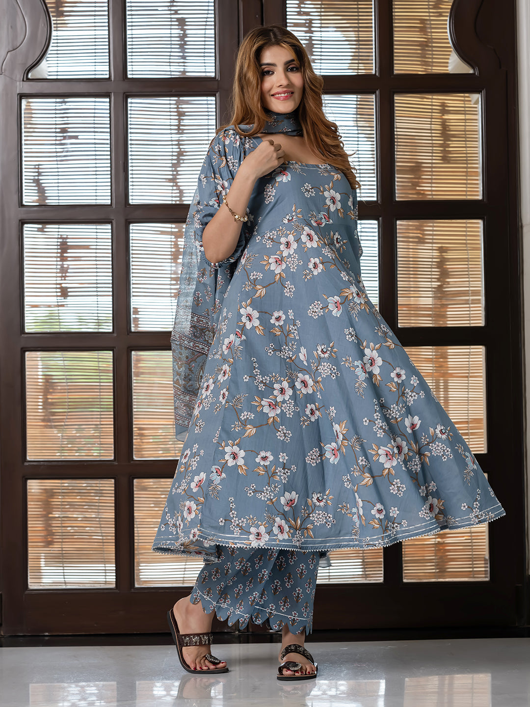 Jaitpuriya Women Grey Pure Cotton Anarkali Kurta Bottom Dupatta set