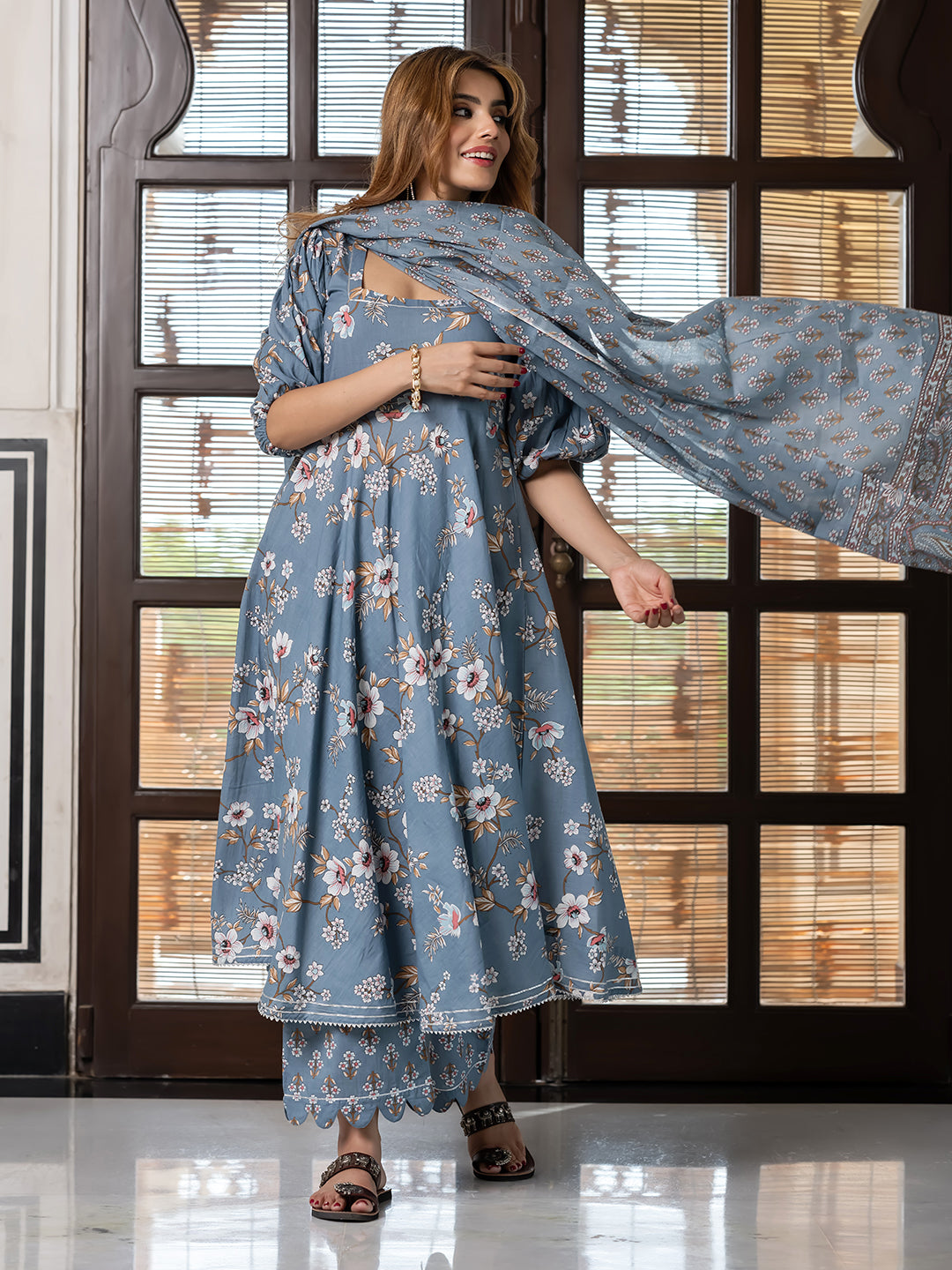 Jaitpuriya Women Grey Pure Cotton Anarkali Kurta Bottom Dupatta set