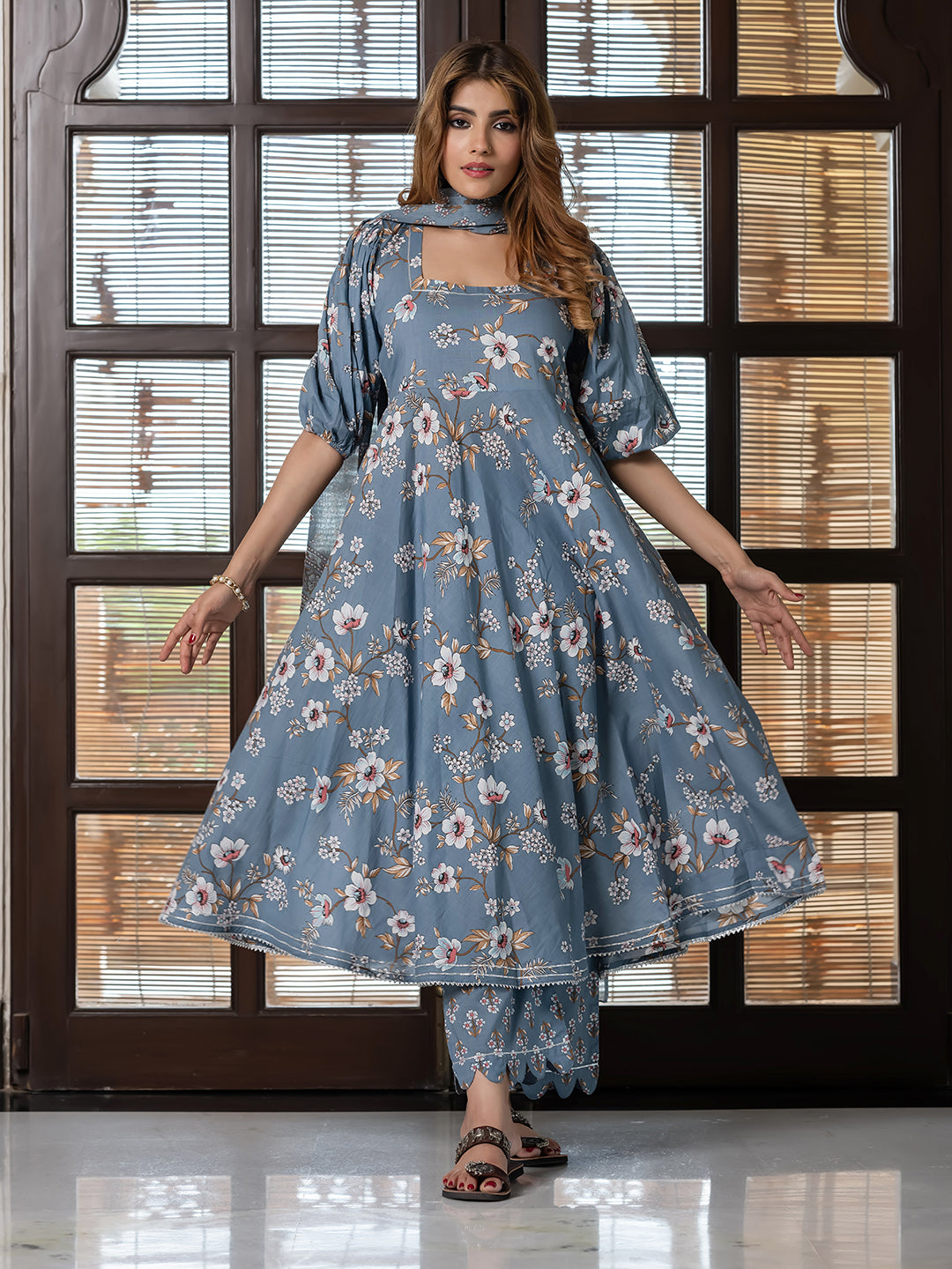 Jaitpuriya Women Grey Pure Cotton Anarkali Kurta Bottom Dupatta set