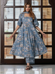Jaitpuriya Women Grey Pure Cotton Anarkali Kurta Bottom Dupatta set