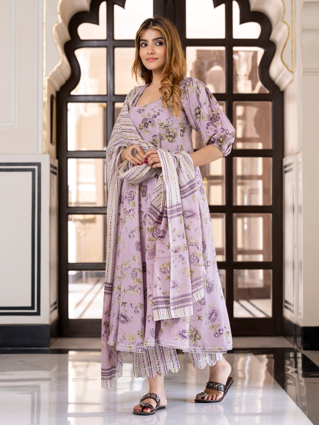 Jaitpuriya Women Mauve Pure Cotton Anarkali Kurta Bottom Dupatta set