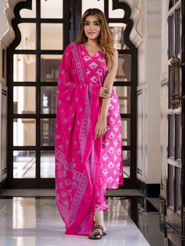 Jaitpuriya Women Pink Pure Cotton Straight Kurta Bottom Dupatta set