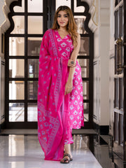 Jaitpuriya Women Pink Pure Cotton Straight Kurta Bottom Dupatta set
