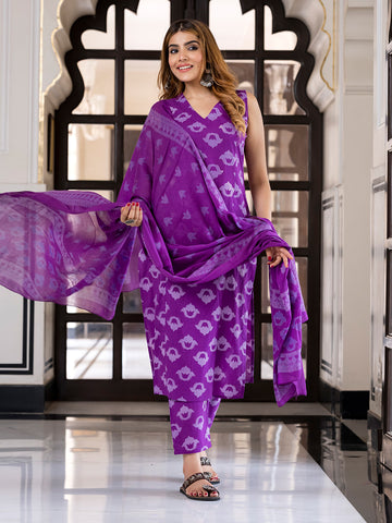Jaitpuriya Women Purple Pure Cotton Straight Kurta Bottom Dupatta set