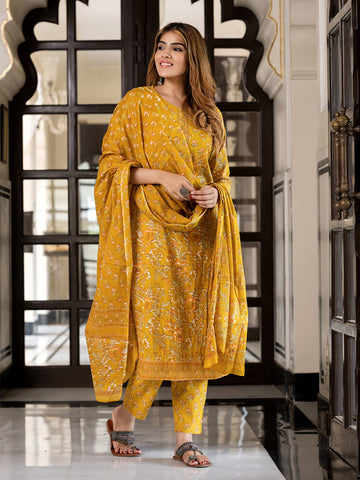 Jaitpuriya Women Yellow Pure Cotton Straight Kurta Bottom Dupatta set