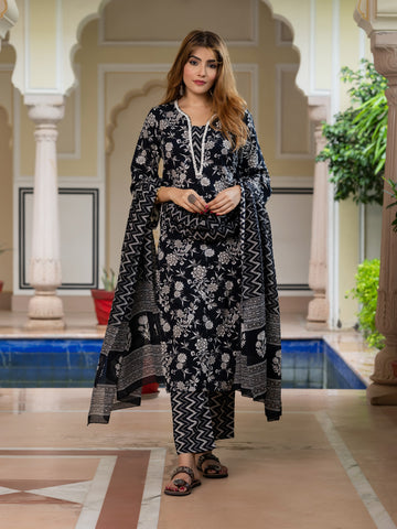 Jaitpuriya Women Black Pure Cotton Straight Kurta Bottom Dupatta set