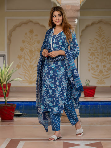 Jaitpuriya Women Blue Pure Cotton Straight Kurta bottom Dupatta set
