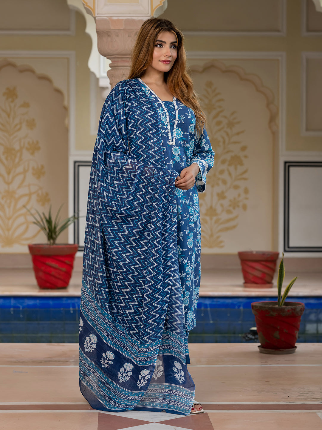 Jaitpuriya Women Blue Pure Cotton Straight Kurta bottom Dupatta set
