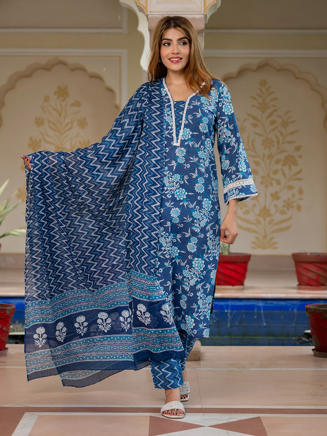 Jaitpuriya Women Blue Pure Cotton Straight Kurta bottom Dupatta set