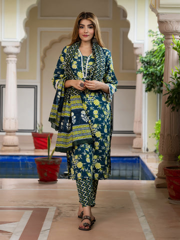 Jaitpuriya Women Teal Blue Pure Cotton Straight Kurta bottom Dupatta set