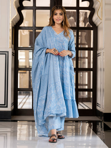 Jaitpuriya Women Blue Pure Cotton Anarkali Kurta Bottom Dupatta set