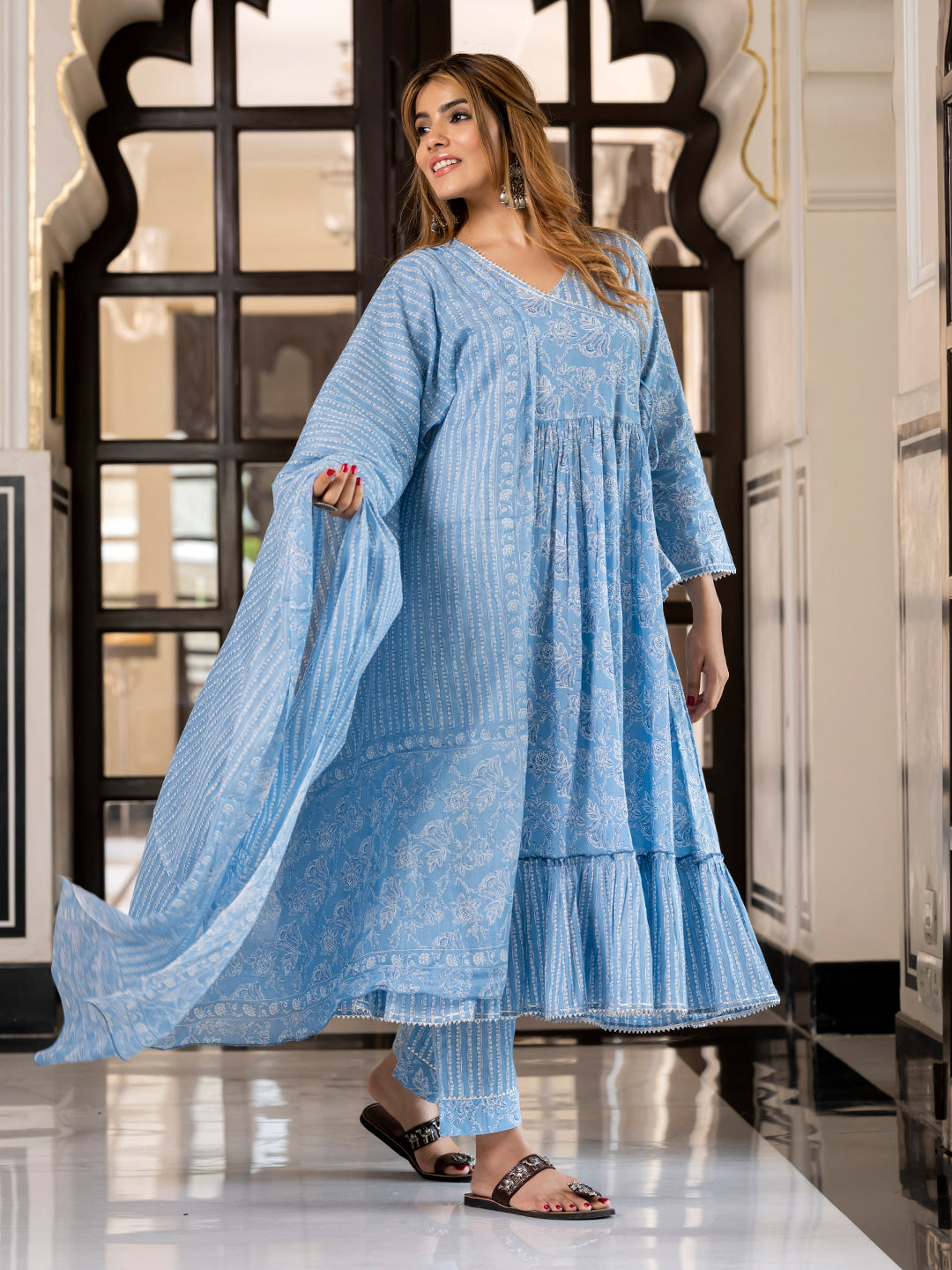 Jaitpuriya Women Blue Pure Cotton Anarkali Kurta Bottom Dupatta set