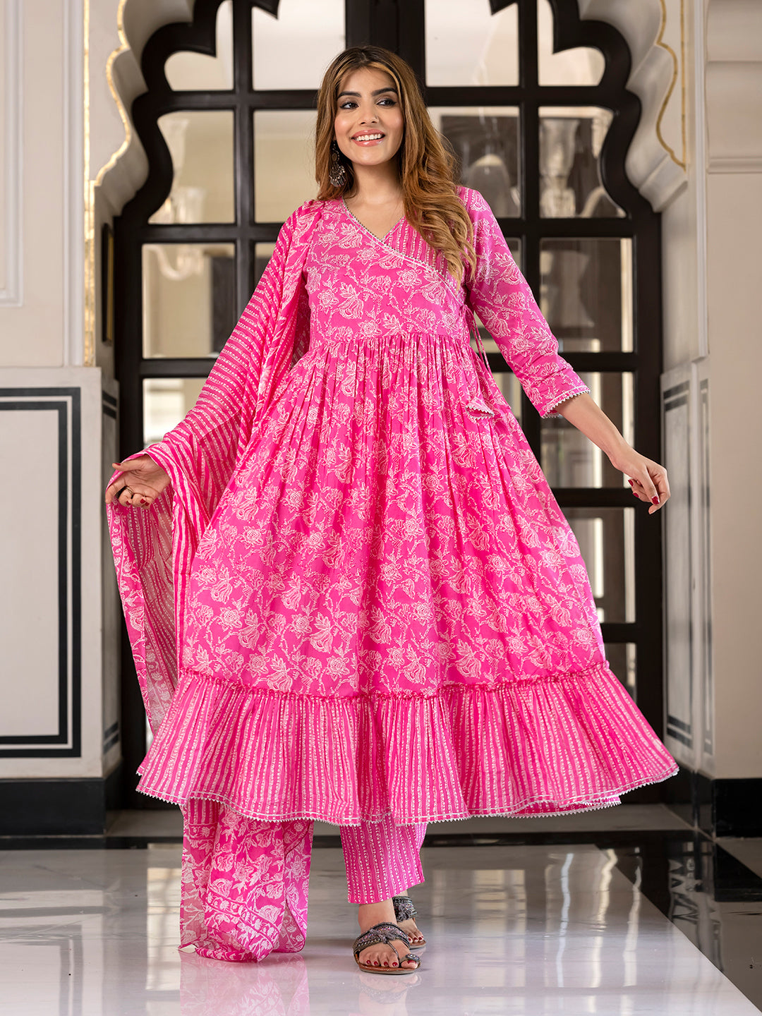 Jaitpuriya Women Pink Pure Cotton Anarkali Kurta Bottom Dupatta set