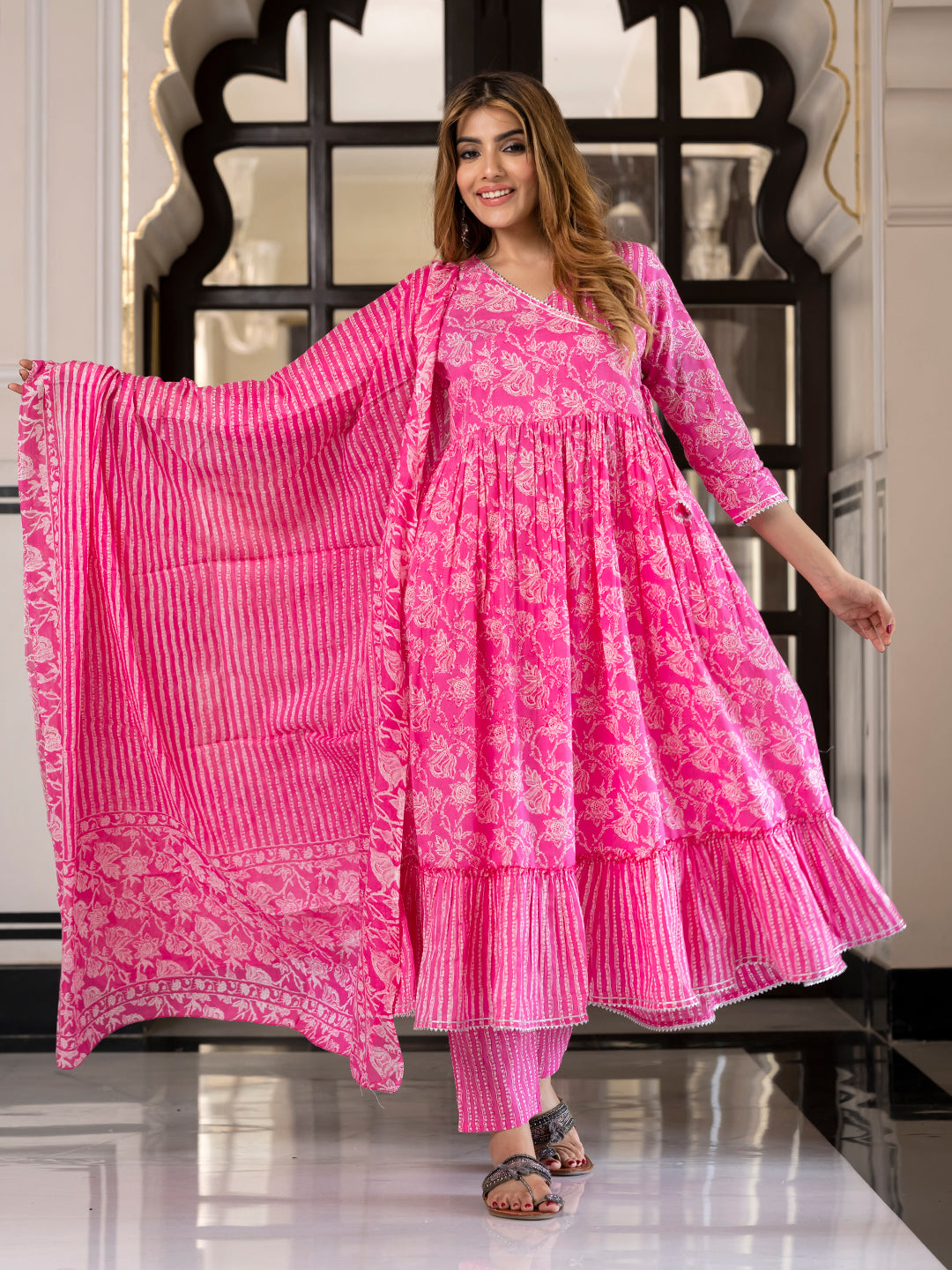 Jaitpuriya Women Pink Pure Cotton Anarkali Kurta Bottom Dupatta set