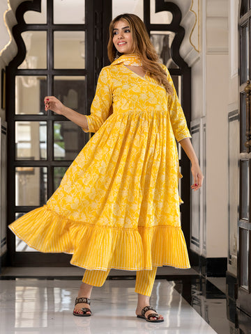 Jaitpuriya Women Yellow Pure Cotton Anarkali Kurta Bottom Dupatta set