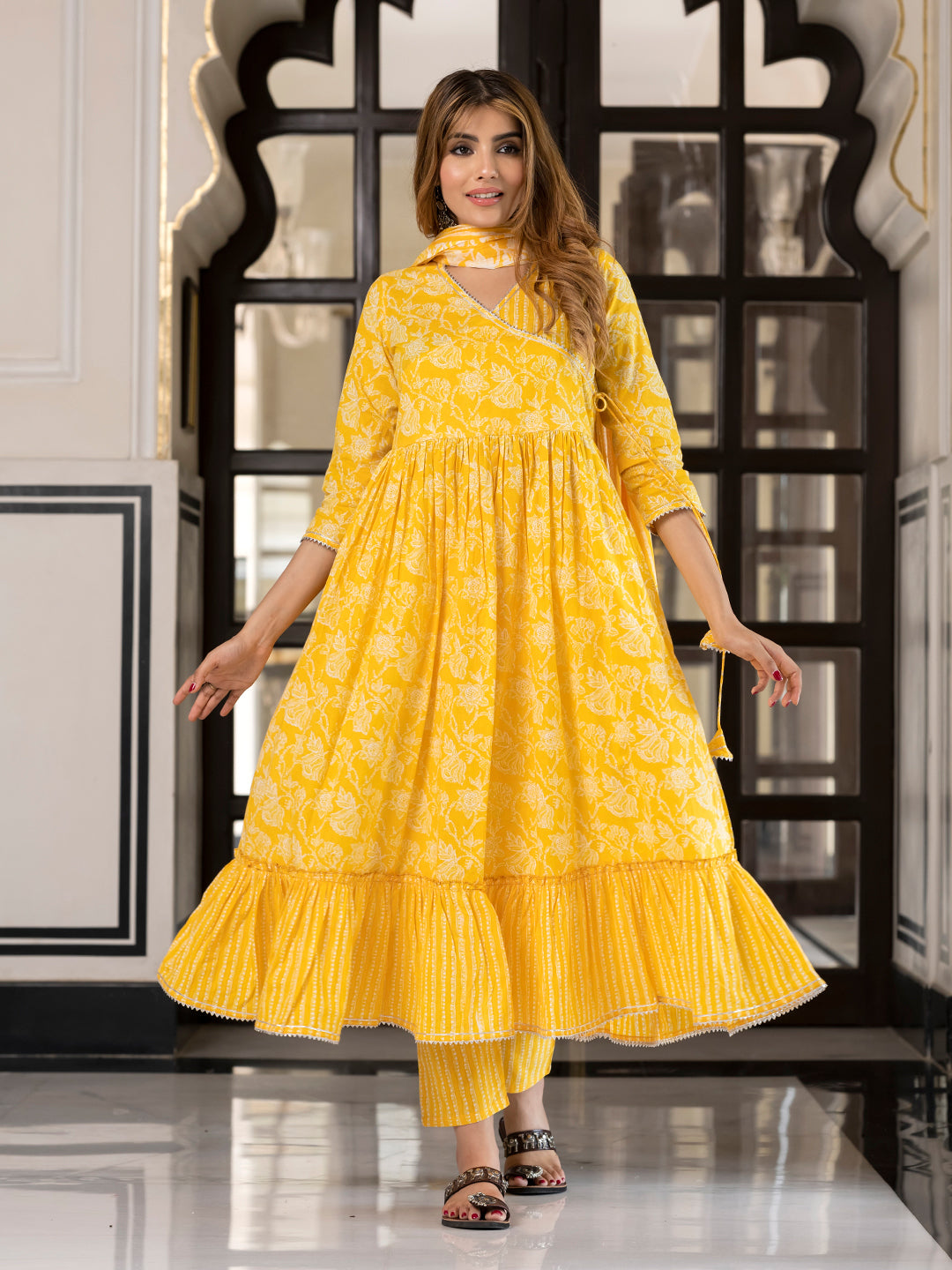 Jaitpuriya Women Yellow Pure Cotton Anarkali Kurta Bottom Dupatta set