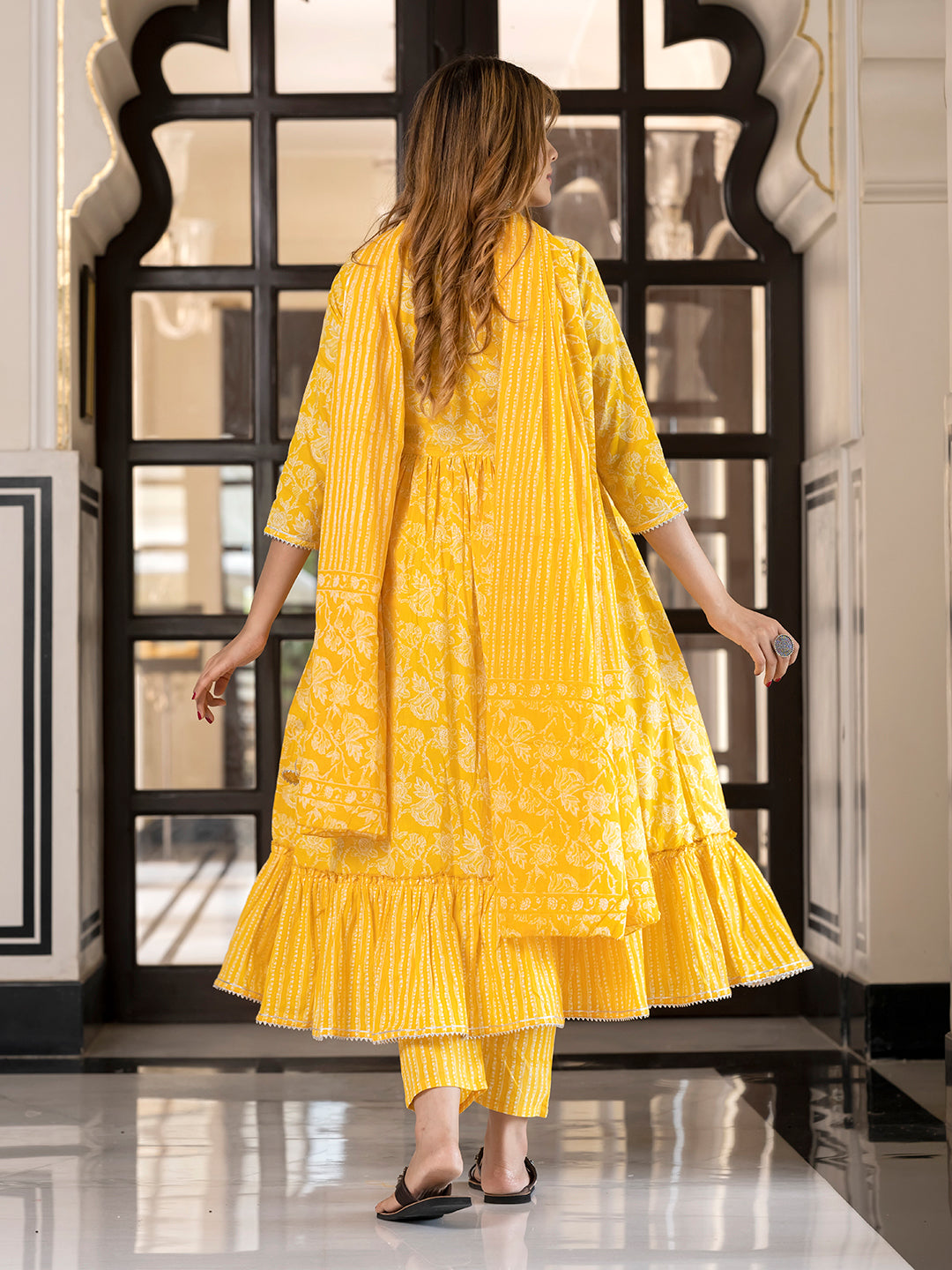 Jaitpuriya Women Yellow Pure Cotton Anarkali Kurta Bottom Dupatta set