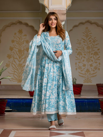 Jaitpuriya Women Blue Pure Cotton Anarkali Kurta Bottom Dupatta set