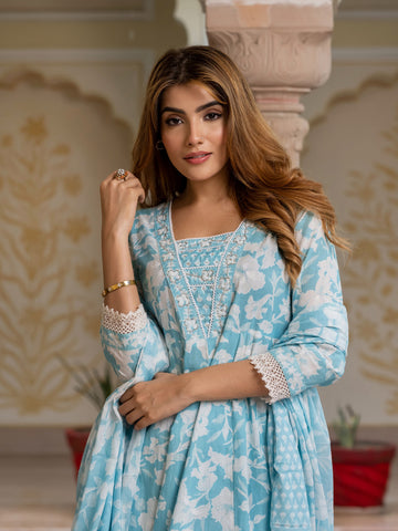 Jaitpuriya Women Blue Pure Cotton Anarkali Kurta Bottom Dupatta set