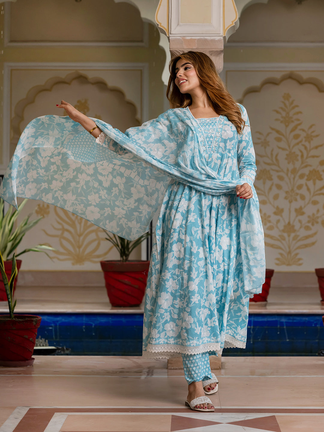 Jaitpuriya Women Blue Pure Cotton Anarkali Kurta Bottom Dupatta set
