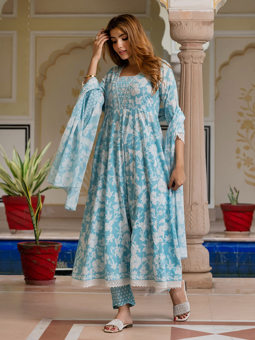 Jaitpuriya Women Blue Pure Cotton Anarkali Kurta Bottom Dupatta set