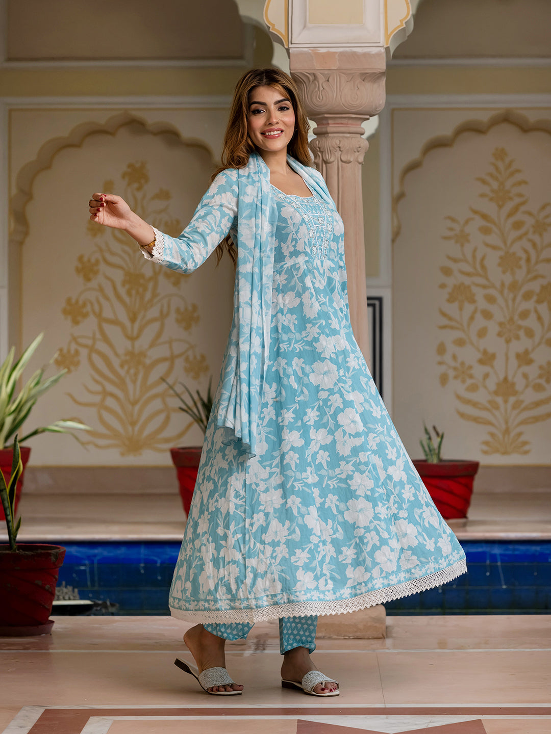 Jaitpuriya Women Blue Pure Cotton Anarkali Kurta Bottom Dupatta set