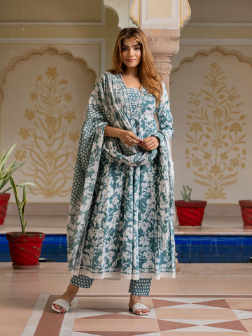 Jaitpuriya Women Green Pure Cotton Anarkali Kurta Bottom Dupatta set