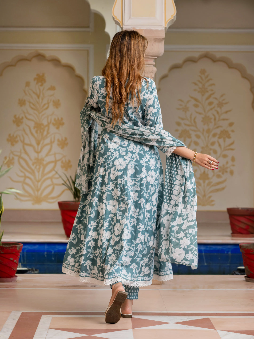 Jaitpuriya Women Green Pure Cotton Anarkali Kurta Bottom Dupatta set