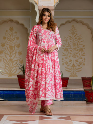 Jaitpuriya Women Pink Pure Cotton Anarkali Kurta Bottom Dupatta set